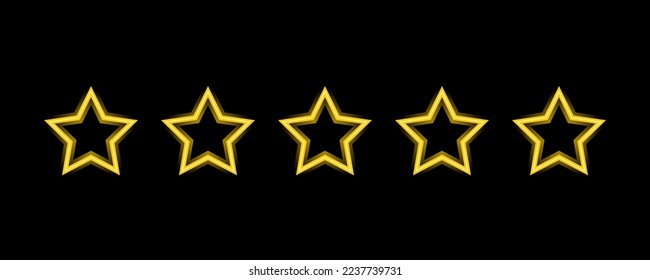 Yellow five points rating stars for review icon neon light outline on black background flat vector design.