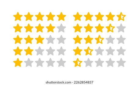 Yellow five star rating icon set on light background. Customer product feedback. App, website rank. Outline, flat and colored style. Flat design.