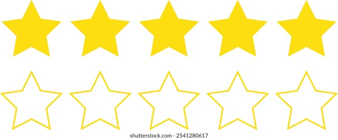 yellow five star rating, review icon. outline five star symbol vector.