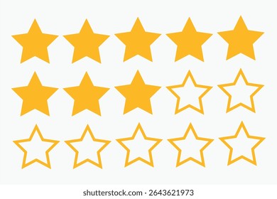 Yellow Five star rating system icons for feedback and reviews