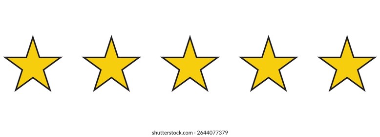 Yellow five stars quality rating icons. Stars rating icon set. Gold star icon set isolated on a white background.