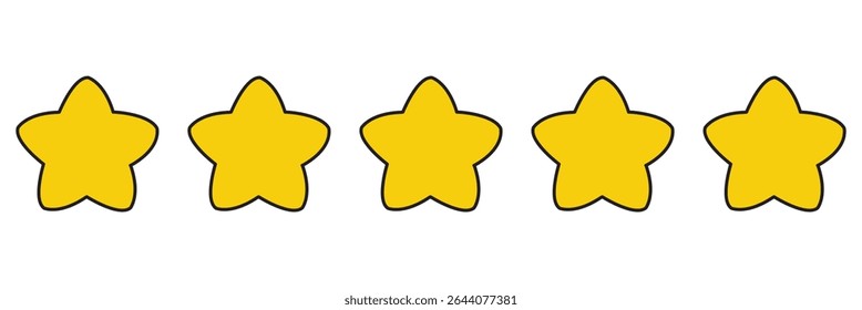 Yellow five stars quality rating icons. Stars rating icon set. Gold star icon set isolated on a white background.