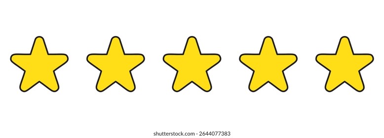Yellow five stars quality rating icons. Stars rating icon set. Gold star icon set isolated on a white background.