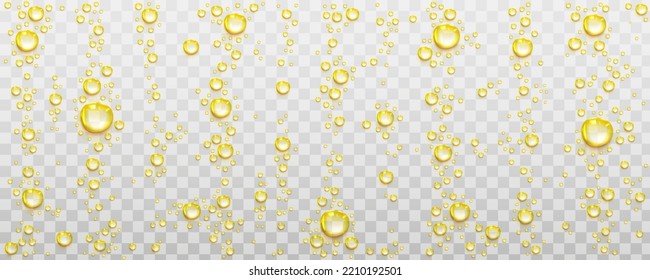 Yellow fizz air bubbles, champagne, soda drink or mineral water abstract dynamic effervescence motion isolated on transparent background. Underwater fizzing, pop beverage, Realistic 3d vector template