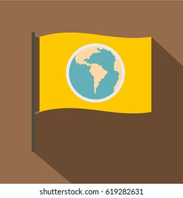 Yellow flag with the image of the globe icon. Flat illustration of yellow flag with the image of the globe vector icon for web