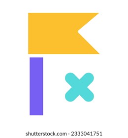 Yellow flag on flagpole with green cross marking point of arrival on route. Designation, symbols for tourist map direction indicator. Simple colored flat vector icon isolated on white background
