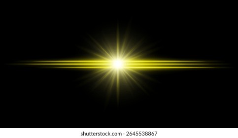 Chama amarela. Brilho horizontal brilhante com feixes de luz radial, centro de alto contraste estourar em fundo escuro, iluminação limpa com bordas afiadas e halo suave.