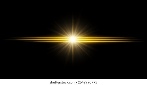 Yellow flare. Bright horizontal glow with radial light beams, high contrast center burst on dark background, clean illumination with sharp edges and soft halo.