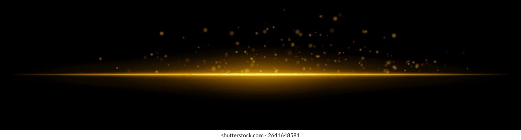 Yellow flare burst. Single glowing horizontal beam with scattered particles and flare on dark background. Perfect for energy, tech, fire, sci-fi motion effects.