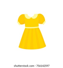 Yellow flare dress with round collar and balloon sleeves, cartoon vector illustration isolated on white background. Pretty girlish dress with round collar, flare dress, belt and balloon sleeves