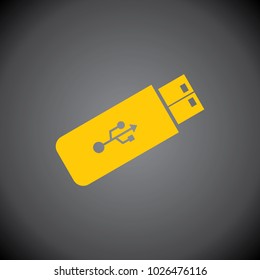 Yellow Flash Drive Icon on Black Background.