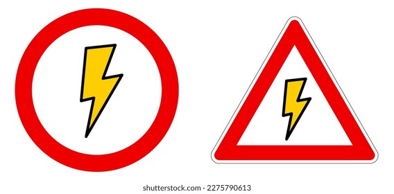 Yellow flash icon in red circle and triangle - electric shock warning or not allowed sign