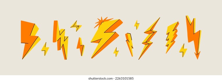 El flash amarillo impulsa diferentes formas. Ilustración energética alternativa. Rayos 3d en estilo retro moderno. Concepto de vector de precio de venta. Frascos abstractos dinámicos de electricidad. Todos los elementos están aislados