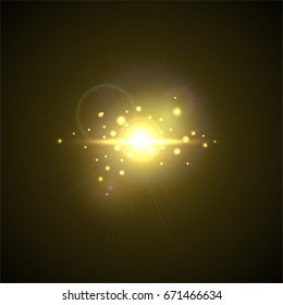 Yellow Flash with rays and spotlight. Realistic light glare, high loth, star glow. Lens flare effect on black background. Bright Sunflare Explosion. Shining Vector illustration. Beautiful Template.