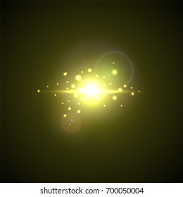 Yellow Flash with rays and spotlight. Realistic light glare, high loth, star glow. Lens flare effect on black background. Bright Sunflare Explosion. Shining Vector illustration Beautiful Template.