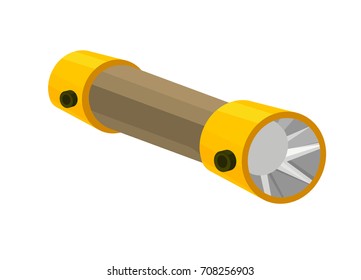 Yellow flashlight isolated icon in cartoon style, lighting gadget for travelling, camping, hunting vector illustration
