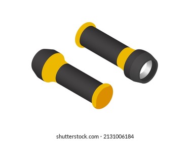 Yellow flashlight isometric isolated on white background.