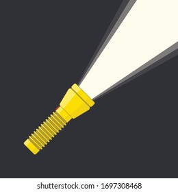 Yellow flashlight with ray light isolated on white background. Glowing pocket torch light in flat style. Vector illustration EPS 10.