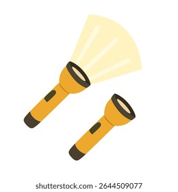 Yellow flashlight or torch clipart. Electronic device, light source equipment. Camping elements.