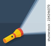 Yellow flashlight in vector flat style on dark background