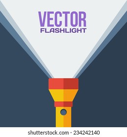 Yellow flashlight in vector flat style on dark background