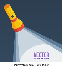 Yellow flashlight in vector flat style on dark background