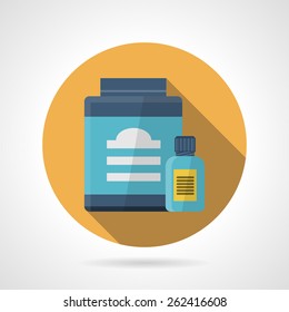 Yellow flat color design round vector icon for set gainers and vitamins for workout on gray background. Diet athlete. Long shadow design.