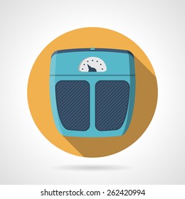 Yellow flat color design round vector icon for blue scales for sport weigh controlling on gray background. Long shadow design.