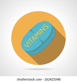 Yellow flat color design round vector icon for vitamin blue pill on gray background. Concentrate of vitamins for maximum muscle growth and health of the body. Long shadow design.