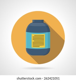 Yellow flat color round vector icon for creatine blue bottle on gray background. Sports nutrition for increase strength, muscle mass and short-term anaerobic endurance on workout. Long shadow design.