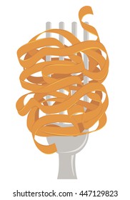 Yellow flat egg noodles wound on a fork. Spaghetti fetuccini vector illustration isolated on white background for cafe food delivery restaurant menu poster banner invitation card