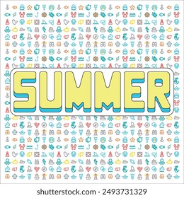 Yellow flat letters Summer on background with sea sighs