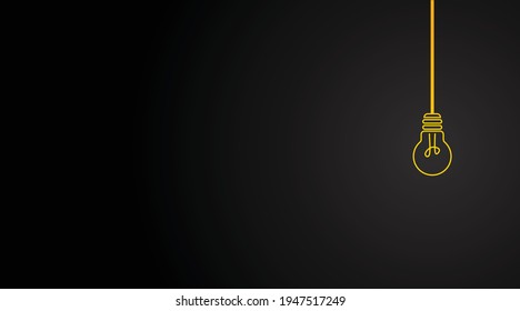 Yellow flat line art light bulb on black background with copy space. EPS10