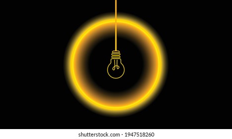 Yellow flat line art light bulb on black background.