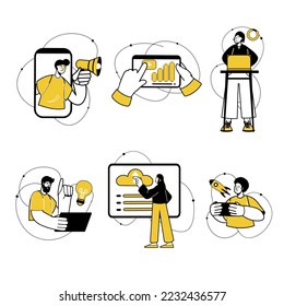 Yellow flat line concept Digital business with people scene in the flat cartoon style. All business man solve important issues online using digital gadgets. Vector illustration.