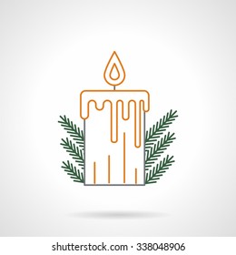 Yellow flat line style xmas candle with flame and green fir branches decor. Flat line vector icon. Buttons and design elements for website, mobile app, business. 