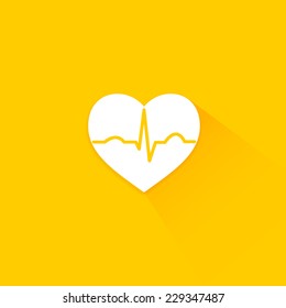 Yellow flat long shadow cardiology icon heart with beat