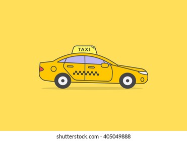 Yellow flat outline icon of taxicab. Sedan car with light taxi display