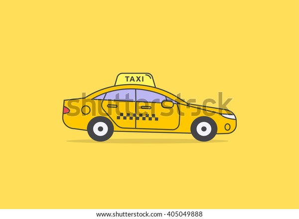 Yellow flat outline icon of taxicab. Sedan car\
with light taxi display