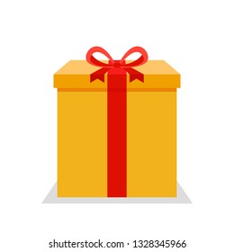 Yellow flat present box with red bow. Vector illustration