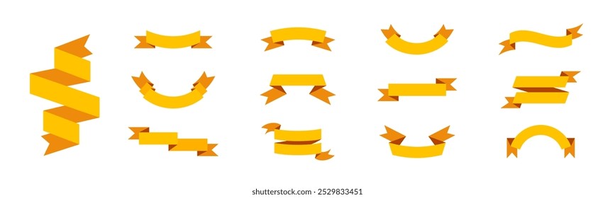 Yellow flat ribbon vector set. Yellow ribbons in various lengths and styles