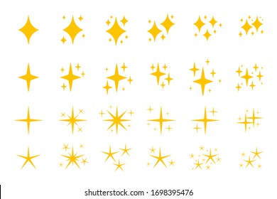 Yellow flat sparkles symbols icon set. Graphic element shiny flash. Decoration starry twinkle. Glitter bright different shape, burst firework glowing light effect.Isolated on white vector illustration