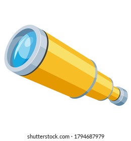 Yellow Flat Spyglass Icon. Monocular Telescope Or Field Scope With Magnifying Lens Equipment. Voyage, Travel Accessory. Nautical Device. Vector Spyglass Illustration Isolated On White Background.