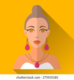Yellow flat style square shaped female character icon with shadow. Illustration of an attractive young woman with bobtail hairstyle wearing white wedding or party dress and jewellery.