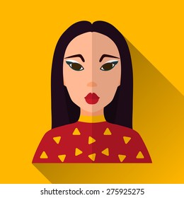 Yellow flat style square shaped female character icon with shadow. Illustration of hot and attractive asian woman with long black hair.