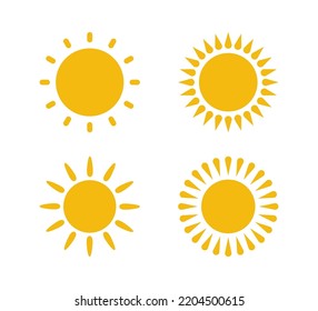 Gelbe flache Sonne mit Lichtsymbolen in unterschiedlichem Design. Silhouettensymbole der Sonne. Grafische Wetterzeichen. Symbol für Wärme, Wärme und Klima. Vektorgrafiken einzeln auf weißem Hintergrund.