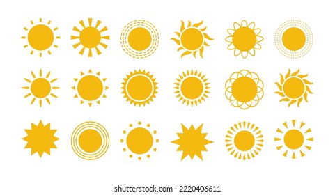 Yellow flat sun with rays icons in various design. Sun silhouette icons. Graphic weather signs. Symbol of heat, warm and climate. Vector illustrations set isolated on white background.