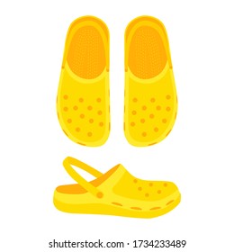 Yellow flip flop isolated on white background. Rubber flip flops with holes and strap. Silicone slates, clogs for children and adults.  Summer aqua shoes, sandals. Vector flat illustration. Top view