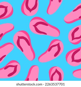 Yellow Flip-flops. Beach shoes. Vector seamless pattern in cartoon flat style isolated on blue background.