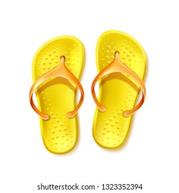 Yellow flip-flops for summer design. Beach slippers, rubber holiday footwear. Summer seaside travelling and tourism symbol. Vector tropical recreation sandal.